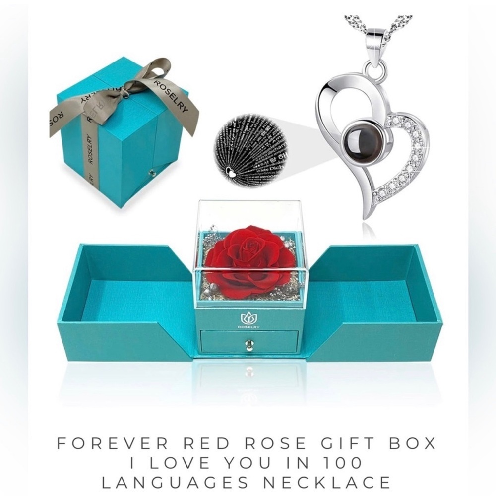 Roselry Forever Red Rose Gift Box I Love You in 100 languages necklace